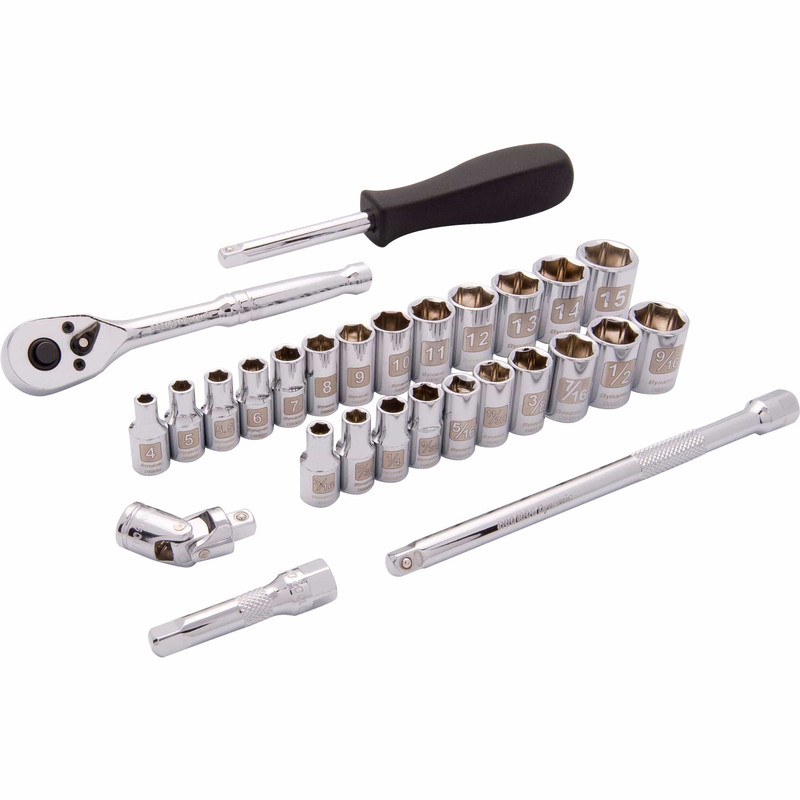 1/4" Drive 28pc 6-Point SAE/Metric Standard Socket Set, 3/16" - 9/16", 4mm - 15mm